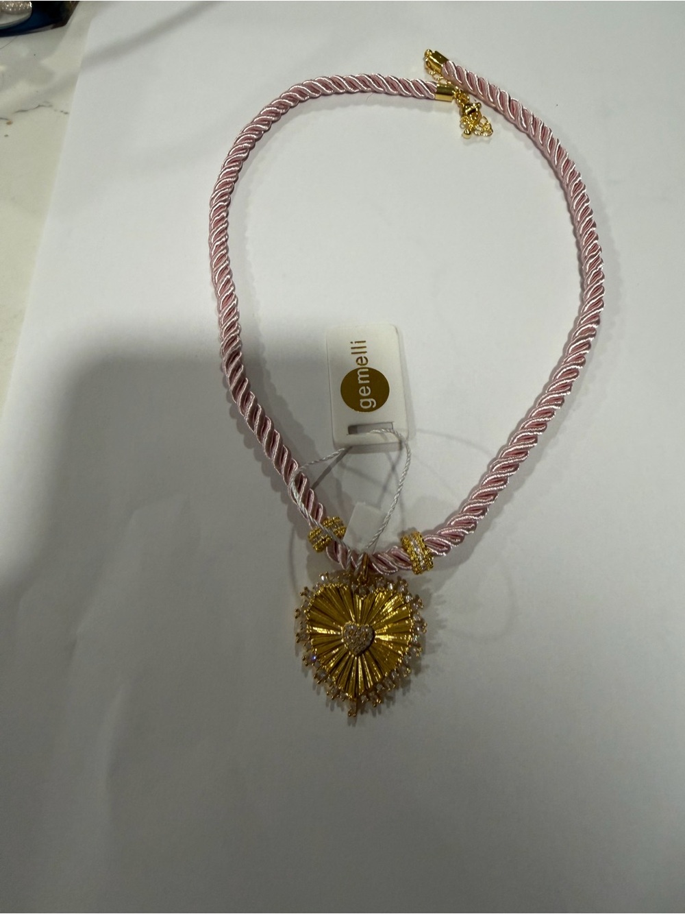 Gemelli Pink Rope 18”+3” Extender Necklace with Gold Sunburst Heart Pendant